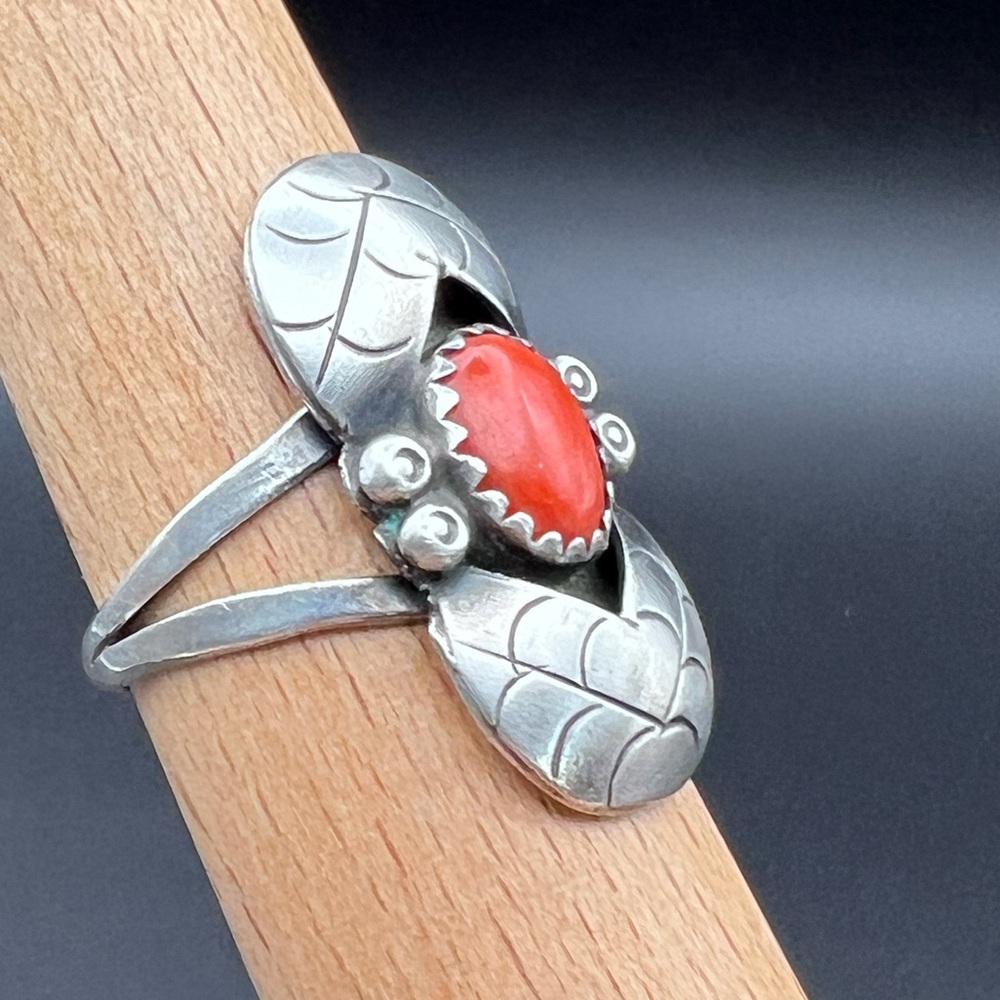 Native American Coral Shadowbox Ring - image 3